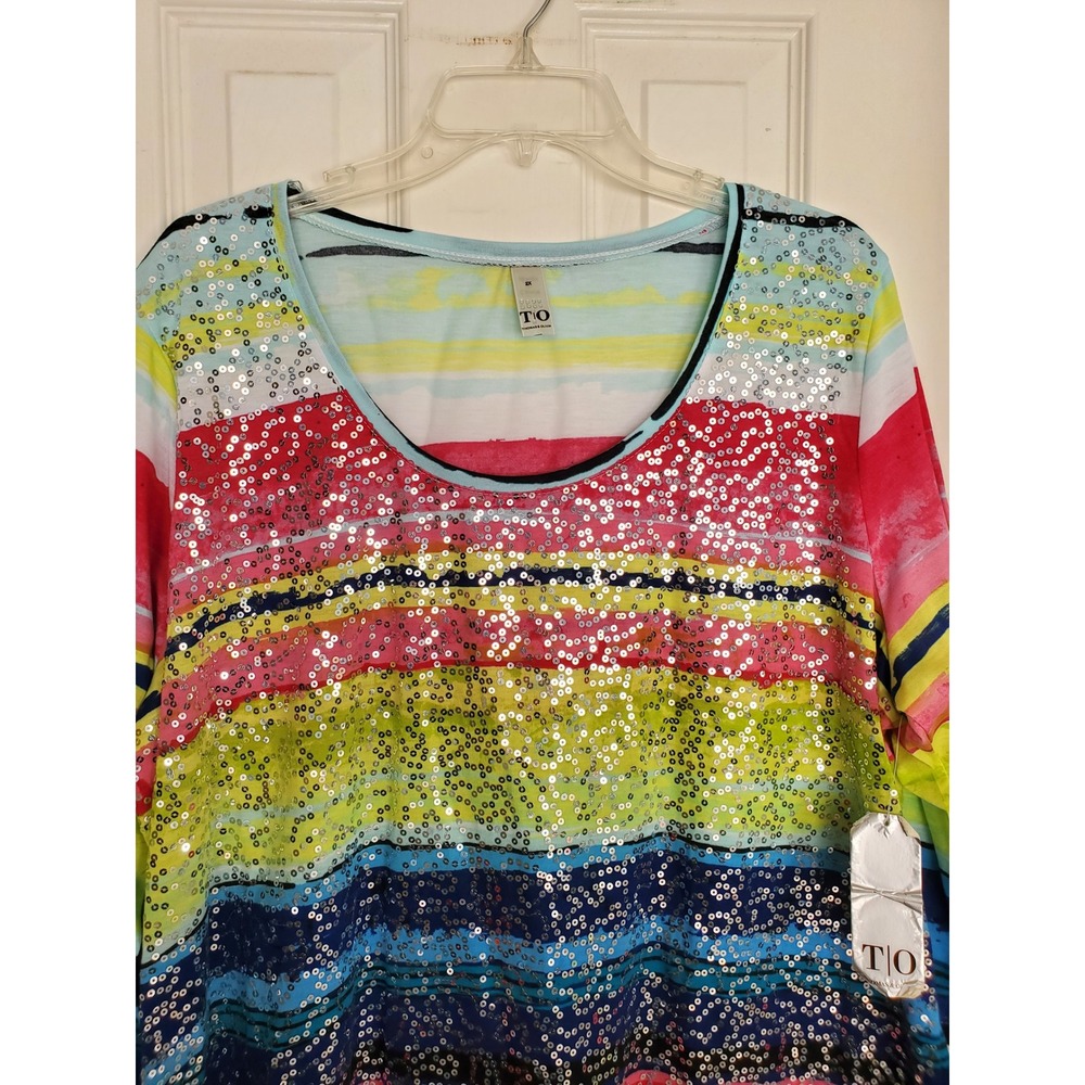 Thomas & Olivia Sequin Top Multicolor Striped 3/4 Sleeve Scoop Neck Casual 2X